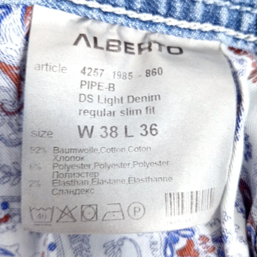 Alberto Jeans Mens 38x36 Blue Pipe-B DS Light Denim Regular Slim‎ Fit Stretch